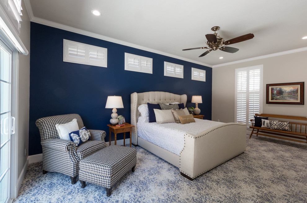 Inspiration for a cottage master carpeted and white floor bedroom remodel in Dallas with blue walls