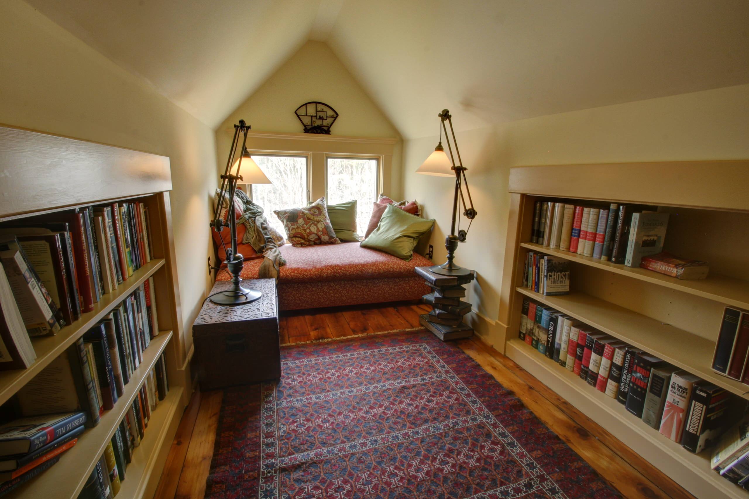 bookshelf and a attic with boxes