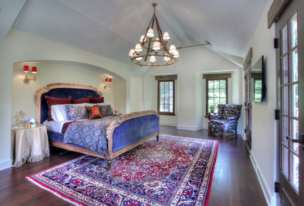 Design ideas for a country bedroom in New York with white walls and dark hardwood flooring.