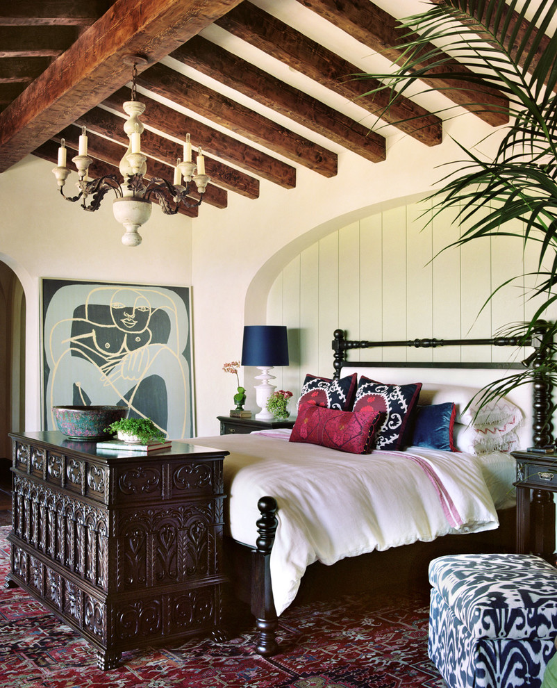 Inspiration for a mediterranean bedroom in Los Angeles with white walls.