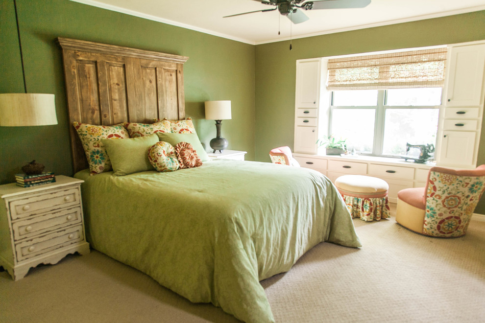 Small farmhouse master carpeted bedroom photo in Oklahoma City with green walls