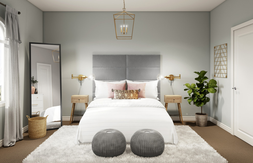 Esempio di una camera da letto country con pareti grigie, moquette e pavimento beige