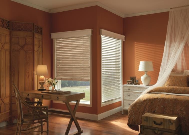 Modelo de dormitorio clásico de tamaño medio sin chimenea con parades naranjas y suelo de madera en tonos medios
