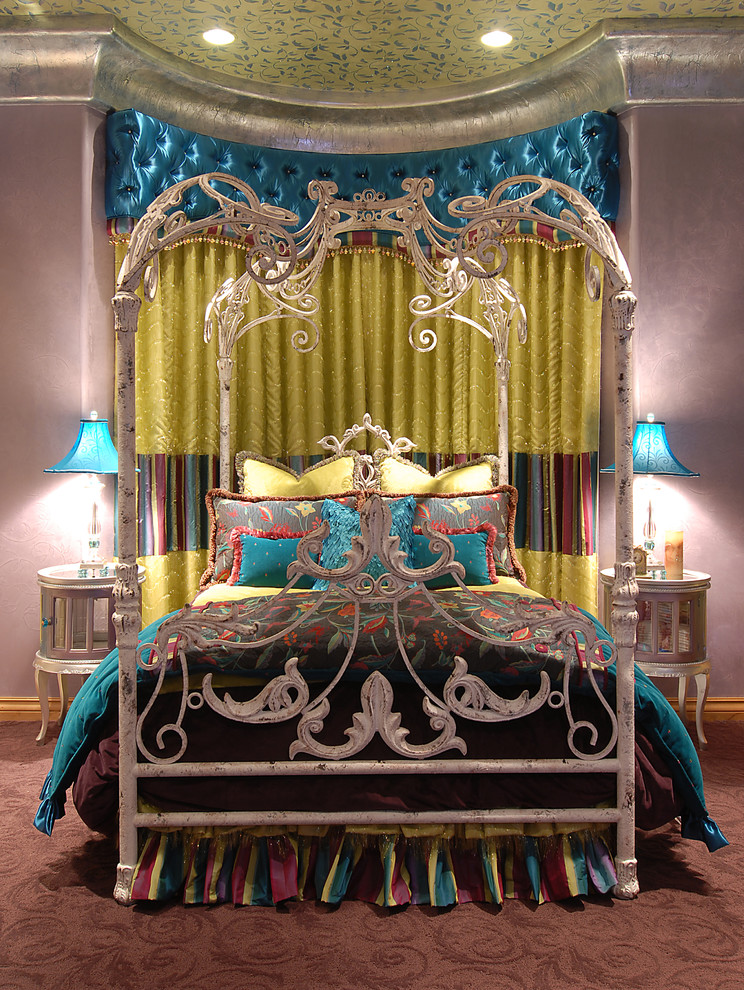 Bedroom - large eclectic master carpeted bedroom idea in Phoenix with purple walls