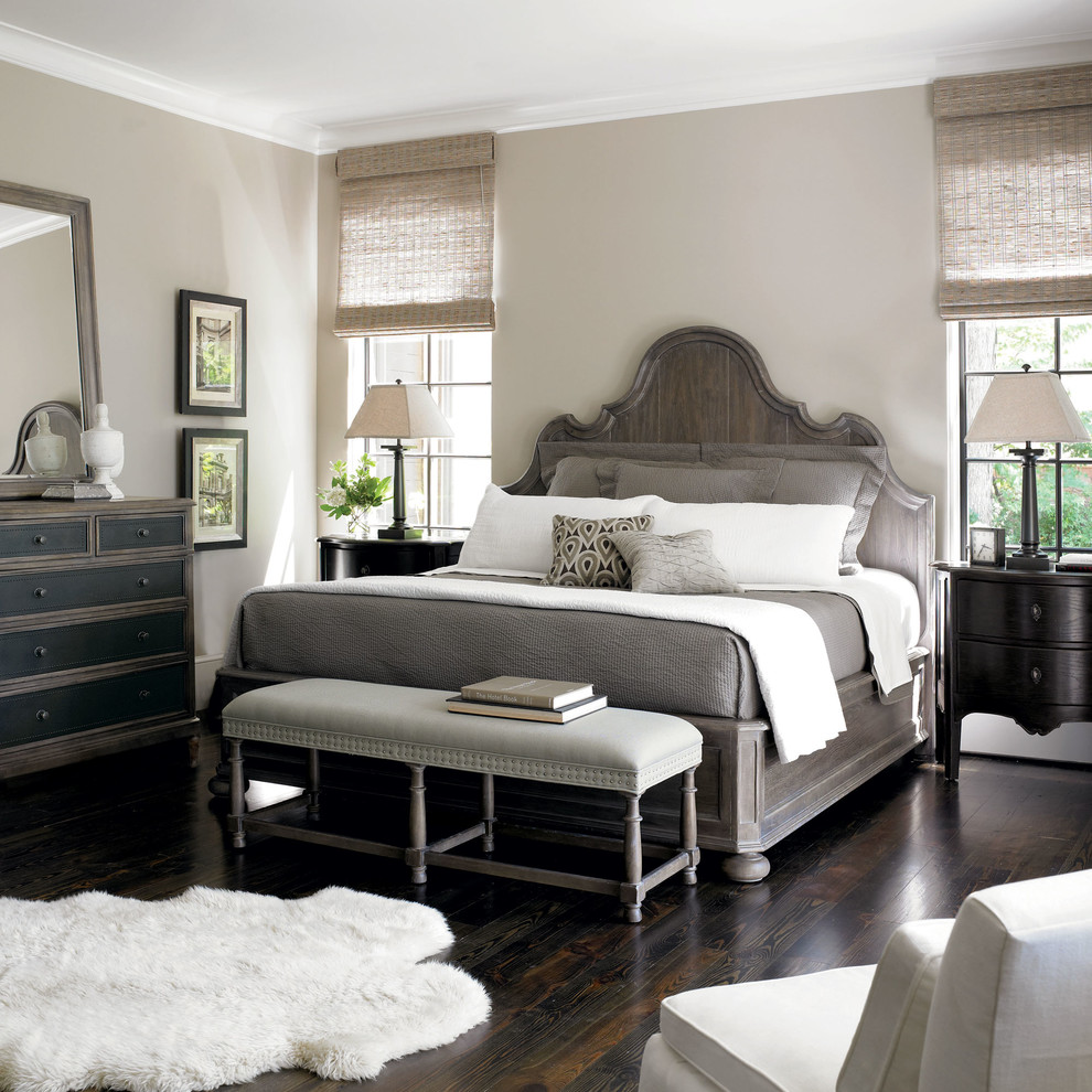 Mid-sized transitional guest dark wood floor bedroom photo in Wichita with gray walls