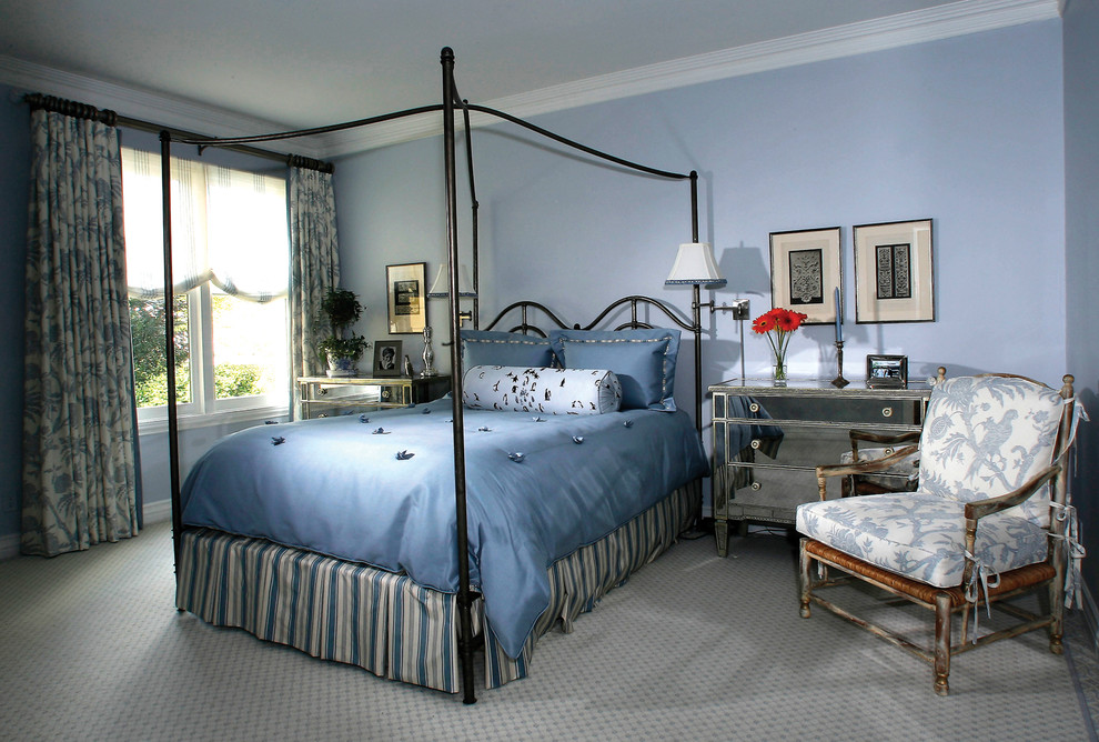 Design ideas for a contemporary master bedroom in San Francisco with blue walls, carpet and no fireplace.