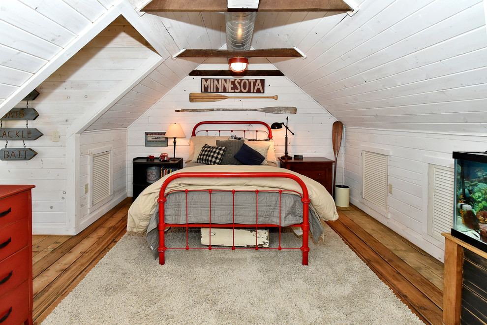 Mountain style medium tone wood floor bedroom photo in Minneapolis with white walls