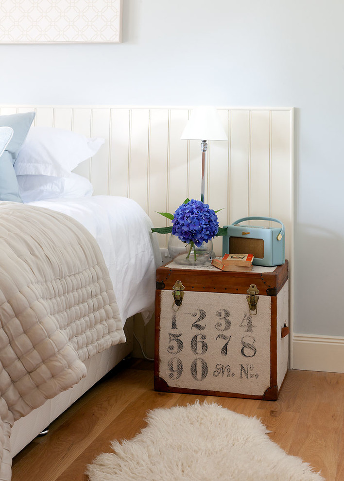 Diseño de dormitorio principal clásico renovado con paredes azules y suelo de madera en tonos medios