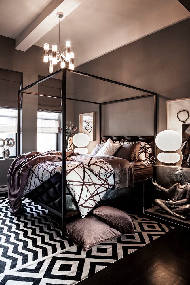 Modernes Schlafzimmer mit grauer Wandfarbe in New York