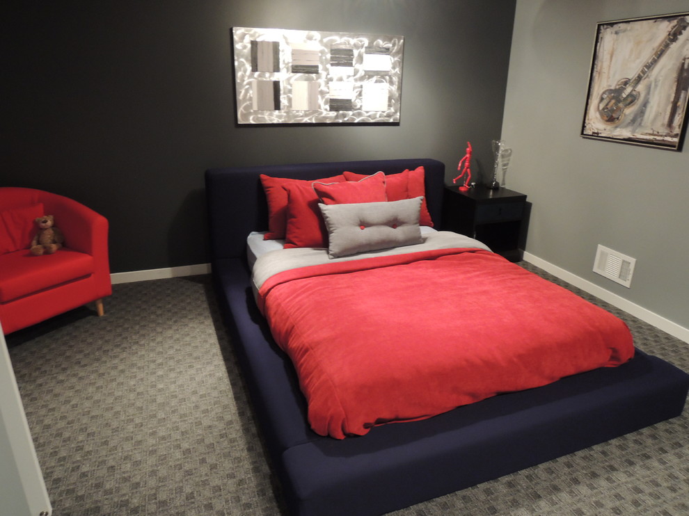 Example of a large trendy carpeted bedroom design in Detroit with gray walls