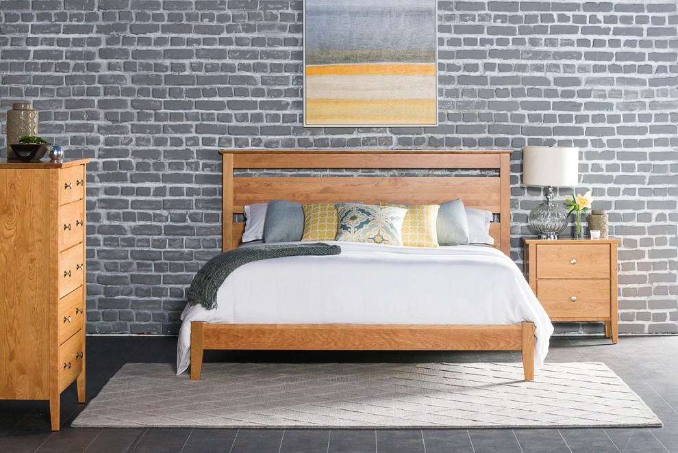 Пример оригинального дизайна: гостевая спальня среднего размера, (комната для гостей) в стиле модернизм с серыми стенами и полом из сланца без камина