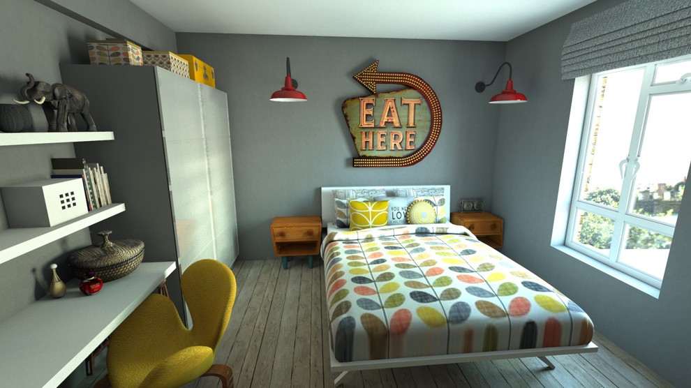 Kleines Industrial Schlafzimmer mit grauer Wandfarbe und hellem Holzboden in London