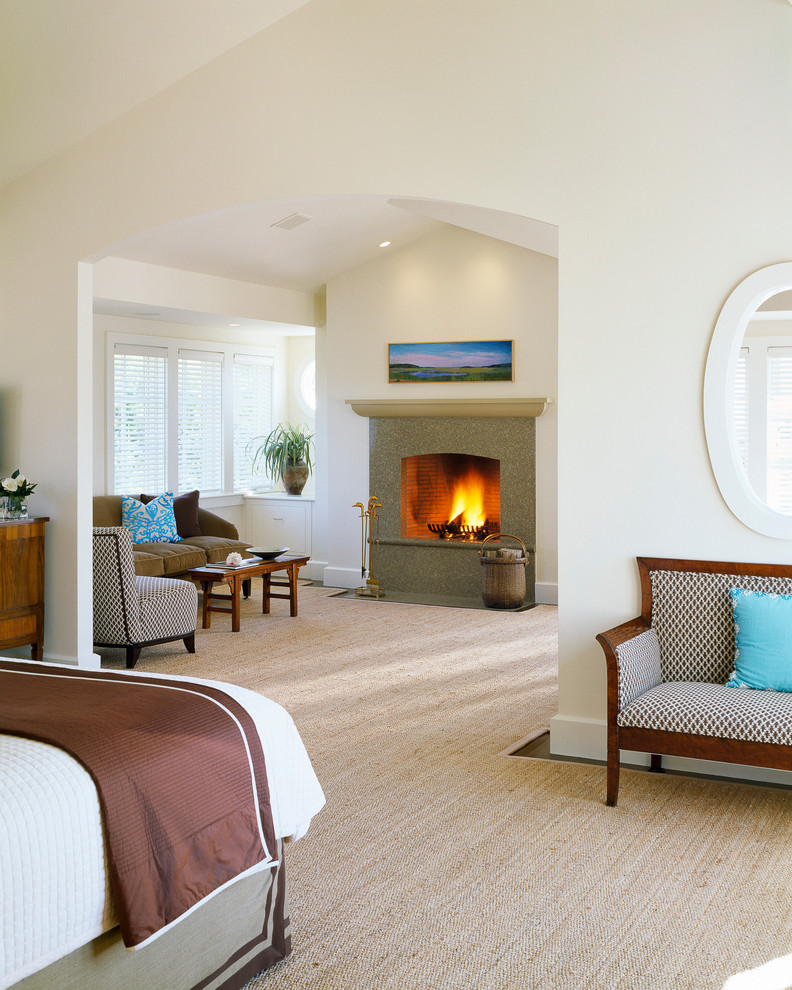 Photo of a contemporary bedroom in Boston with white walls.