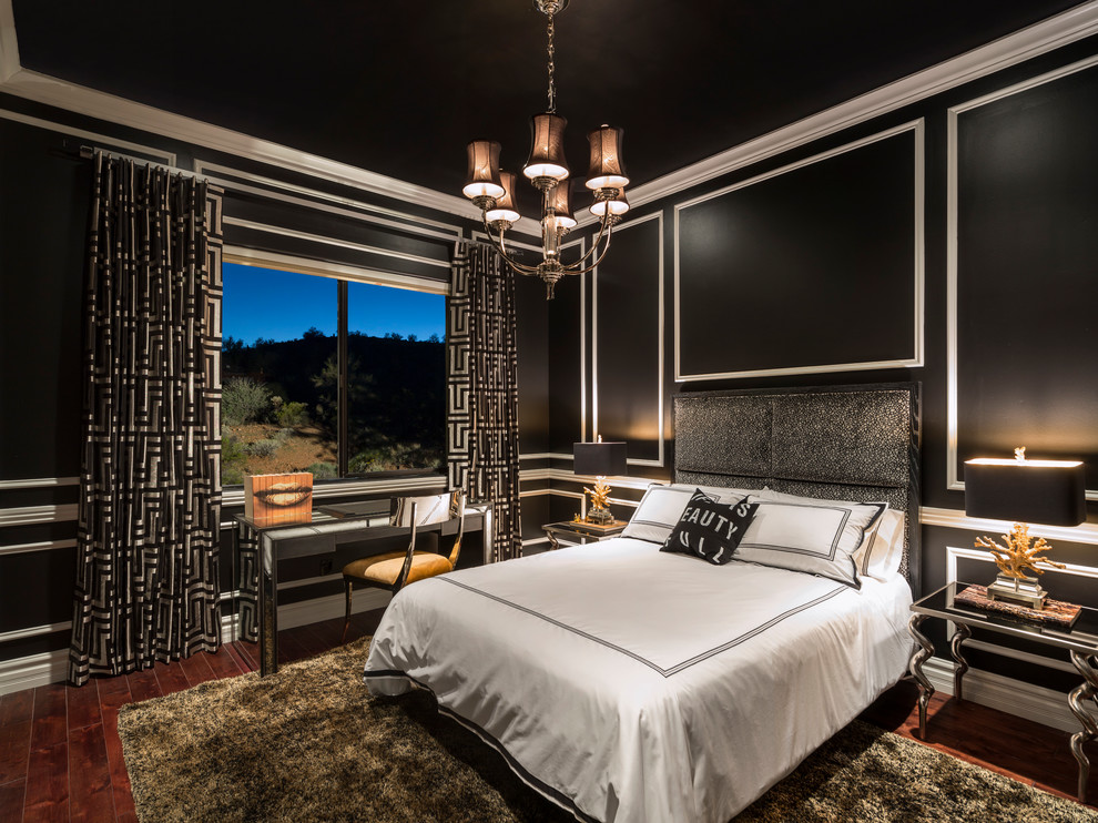 Идея дизайна: гостевая спальня среднего размера, (комната для гостей) в современном стиле с черными стенами и паркетным полом среднего тона без камина