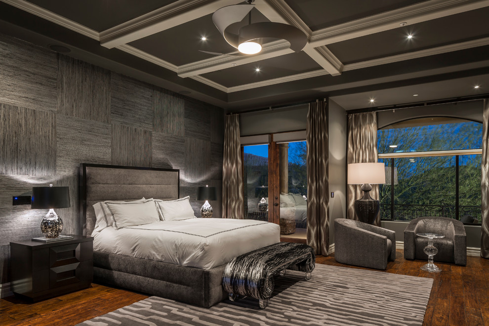 Design ideas for an expansive contemporary master and grey and silver bedroom in Phoenix with grey walls, medium hardwood flooring and feature lighting.