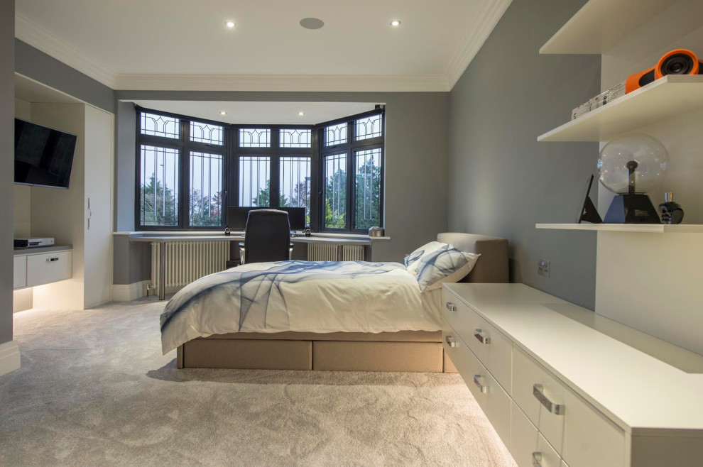 Mittelgroßes Modernes Gästezimmer ohne Kamin mit blauer Wandfarbe, Teppichboden und grauem Boden in Sonstige