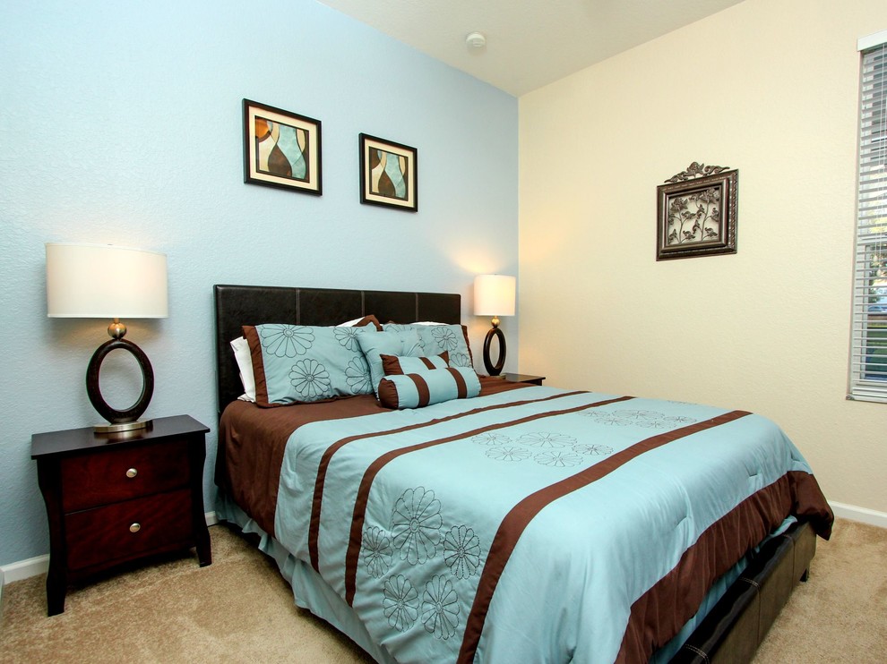 Bedroom - mid-sized contemporary guest carpeted bedroom idea in Orlando with blue walls