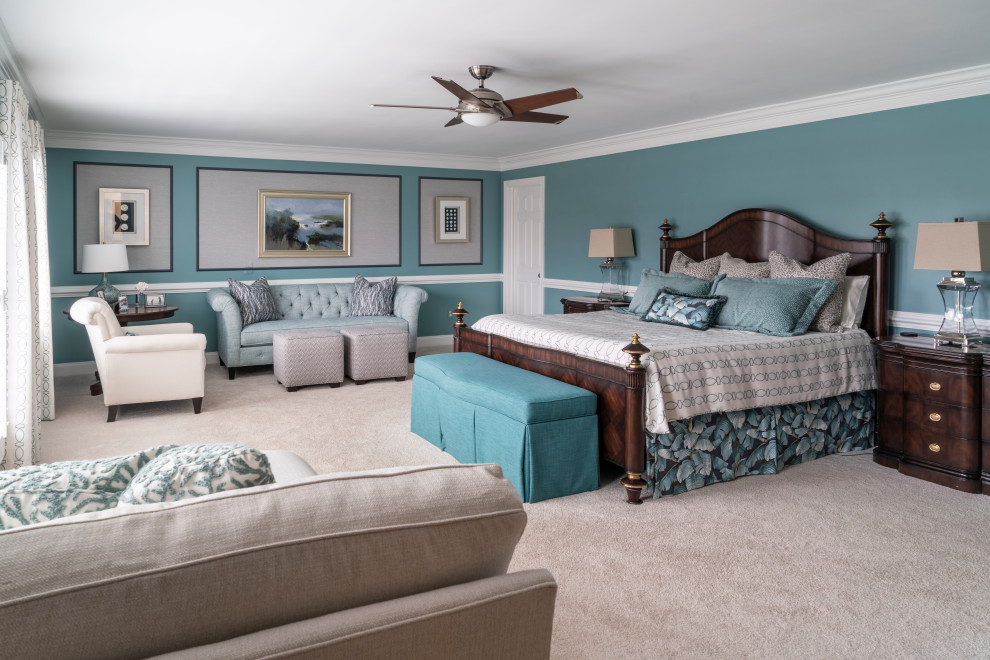 Bedroom - coastal carpeted and gray floor bedroom idea in Baltimore with blue walls