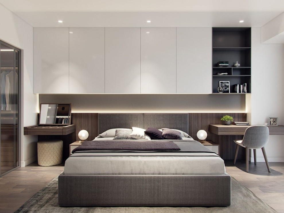 Свежая идея для дизайна: хозяйская спальня в стиле модернизм с белыми стенами и полом из известняка - отличное фото интерьера