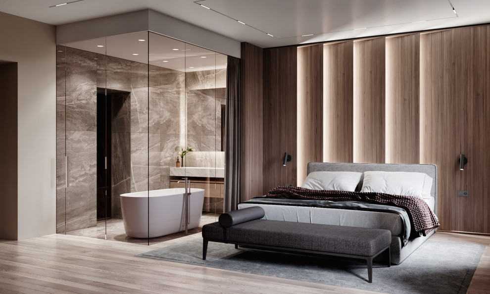 Modelo de dormitorio principal actual grande con paredes marrones, suelo de madera en tonos medios, suelo marrón y madera