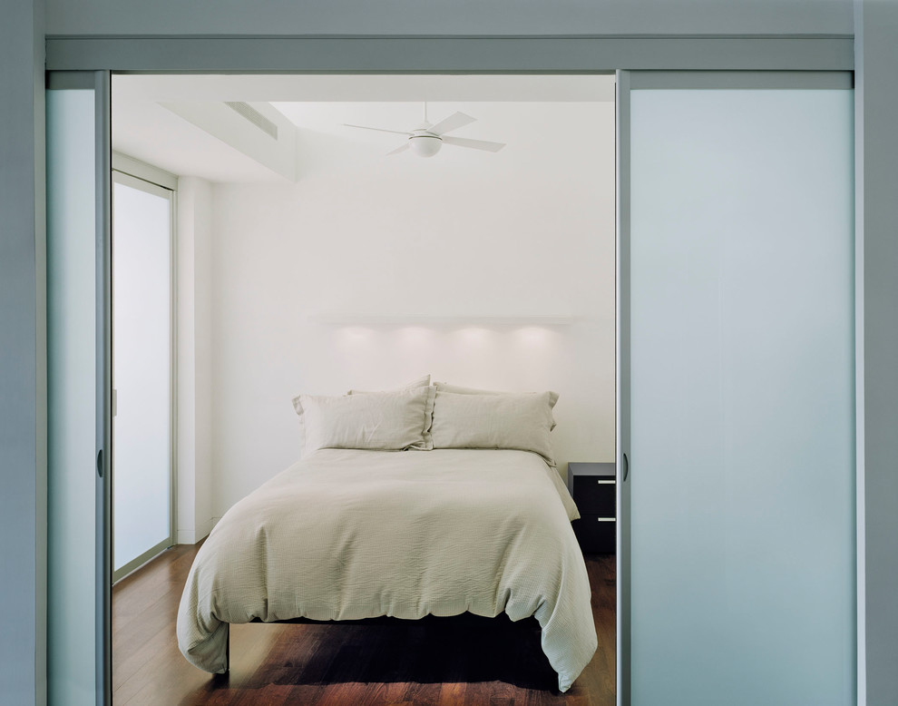 ニューヨークにある中くらいなモダンスタイルのおしゃれなロフト寝室 (白い壁、濃色無垢フローリング、茶色い床)