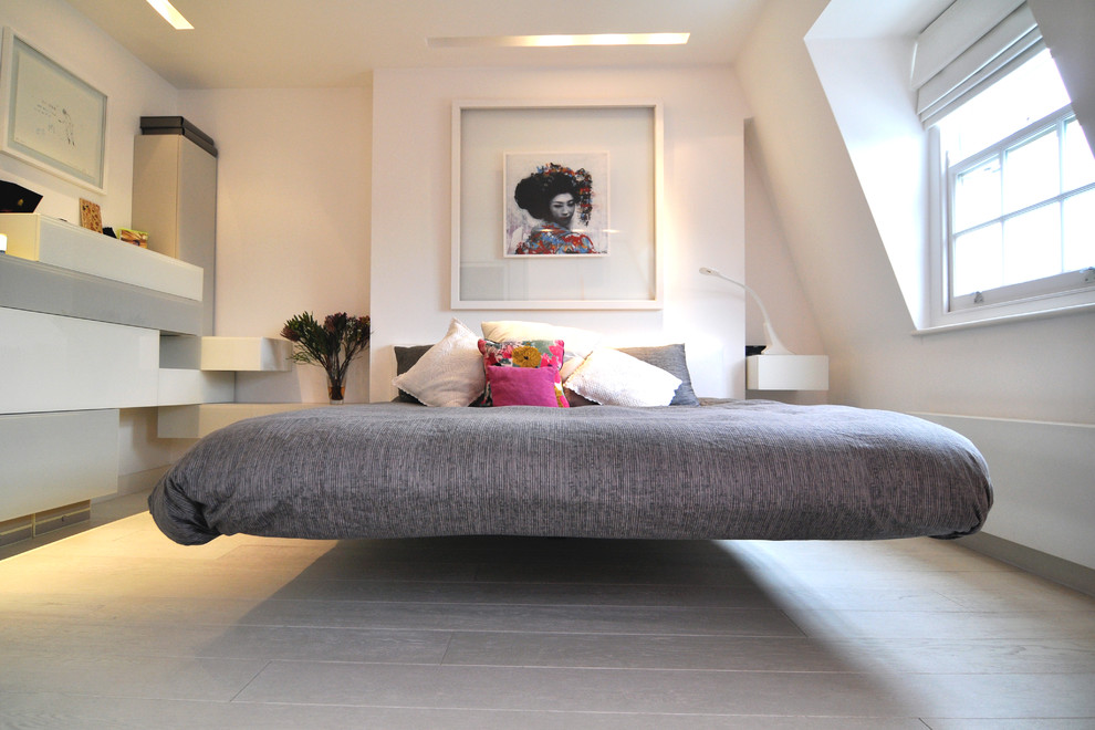 Example of a danish bedroom design in London with white walls