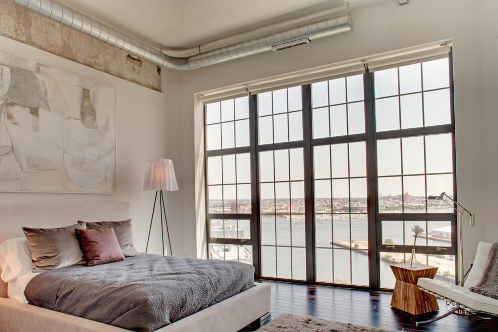 Large industrial bedroom in Baltimore with white walls, dark hardwood flooring, no fireplace and brown floors.