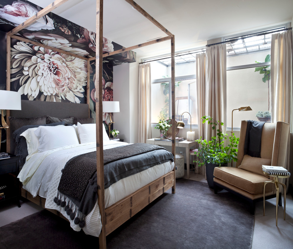 Источник вдохновения для домашнего уюта: гостевая спальня среднего размера, (комната для гостей) в стиле фьюжн с разноцветными стенами, бетонным полом и серым полом без камина