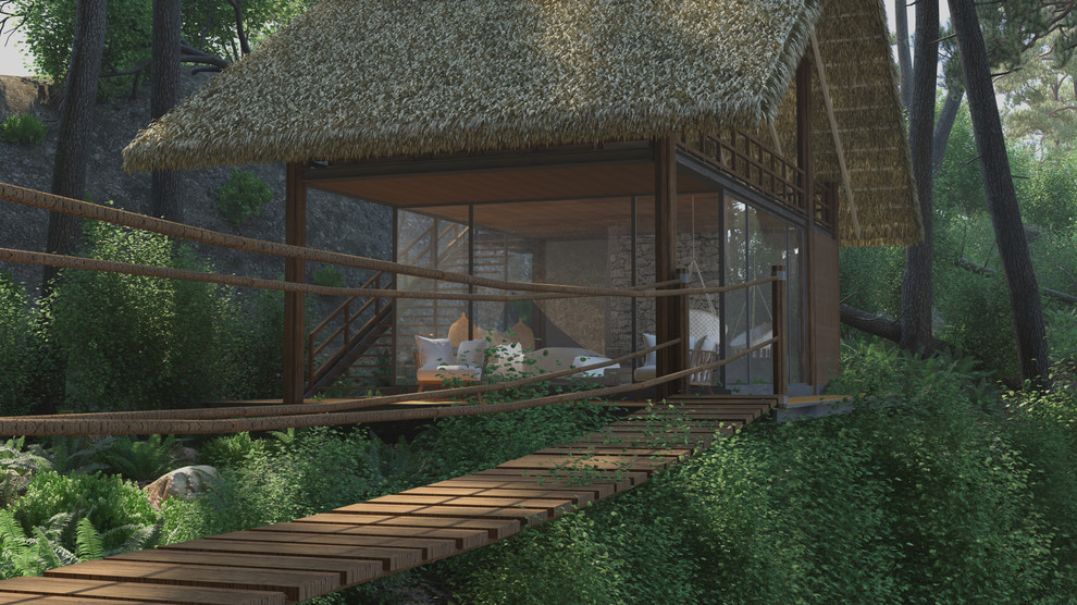 Idee per una piccola camera da letto stile loft tropicale con pareti marroni, parquet chiaro e pavimento marrone
