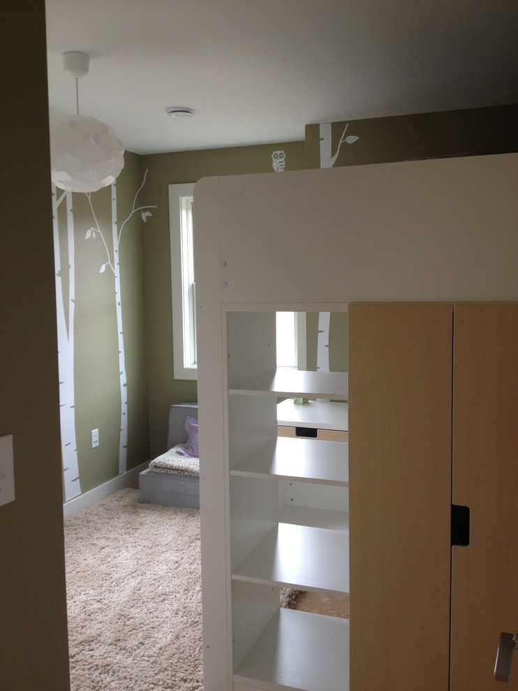 Small transitional guest carpeted bedroom photo in Burlington with green walls and no fireplace