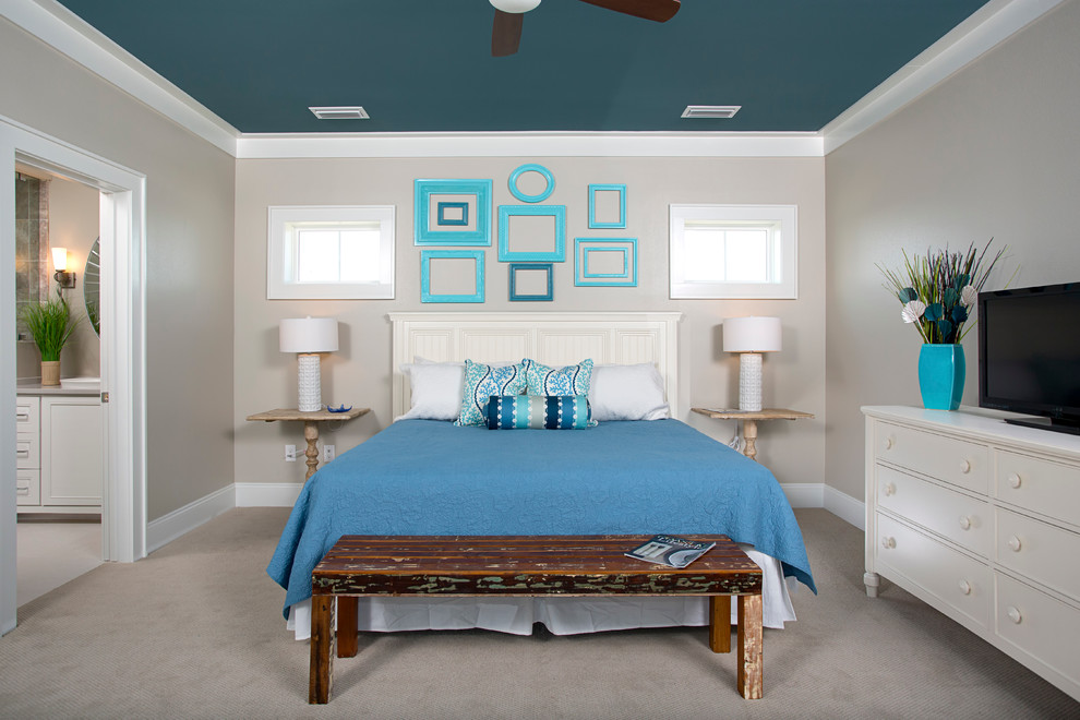 Bedroom - contemporary master carpeted bedroom idea in Miami with beige walls