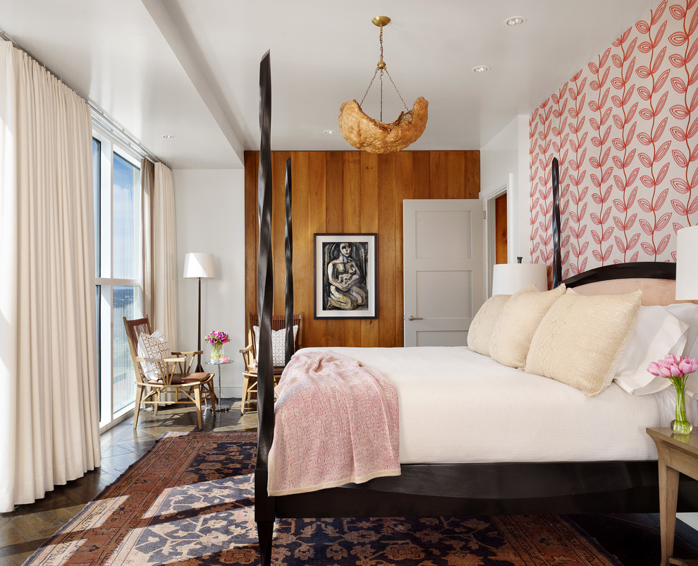 Inspiration for a contemporary dark wood floor bedroom remodel in Austin with multicolored walls