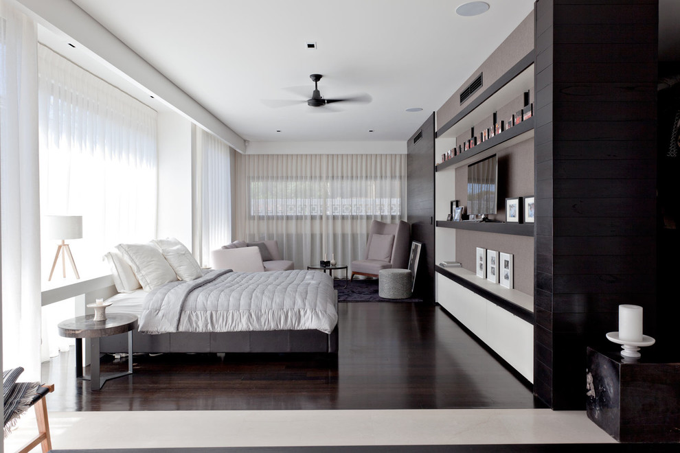 Inspiration for a contemporary master bedroom in Perth with white walls, dark hardwood flooring and no fireplace.