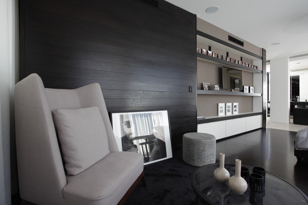 Inspiration for a contemporary master dark wood floor bedroom remodel in Perth with white walls and no fireplace