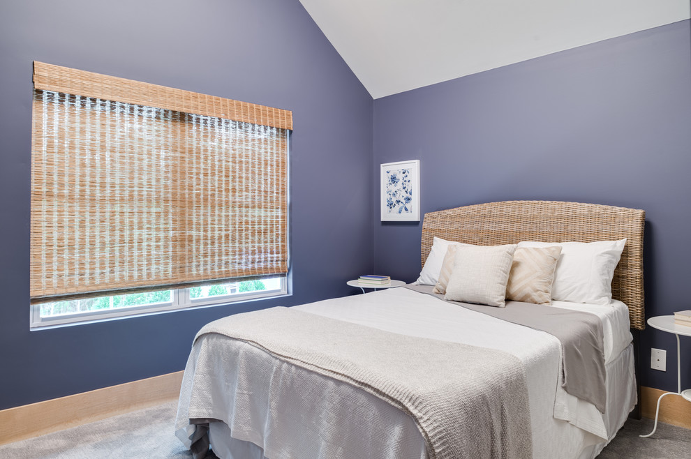 Идея дизайна: гостевая спальня среднего размера, (комната для гостей) в стиле кантри с фиолетовыми стенами, ковровым покрытием и белым полом