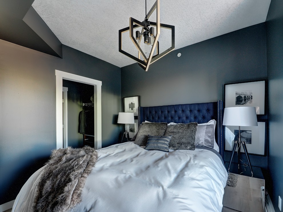Foto de dormitorio principal contemporáneo pequeño sin chimenea con paredes azules