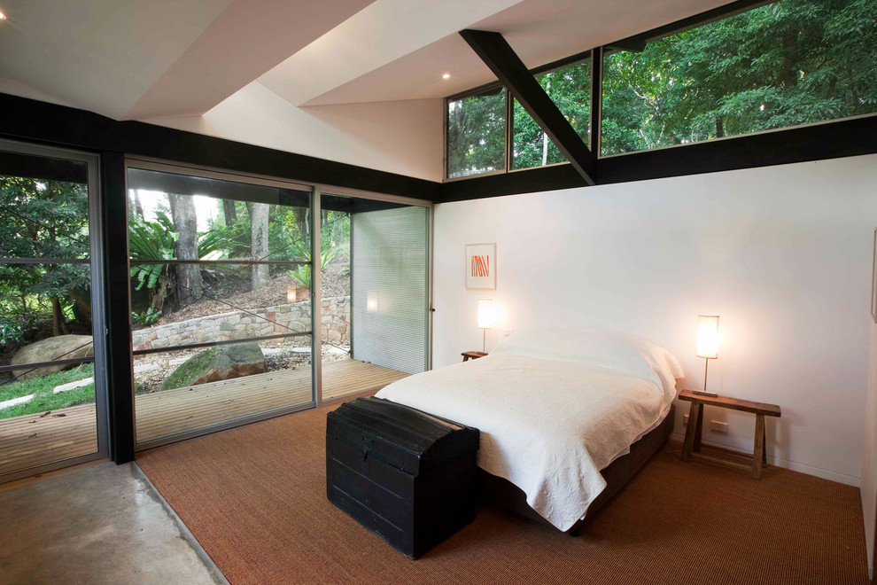 Стильный дизайн: хозяйская спальня среднего размера в стиле модернизм с белыми стенами и ковровым покрытием - последний тренд