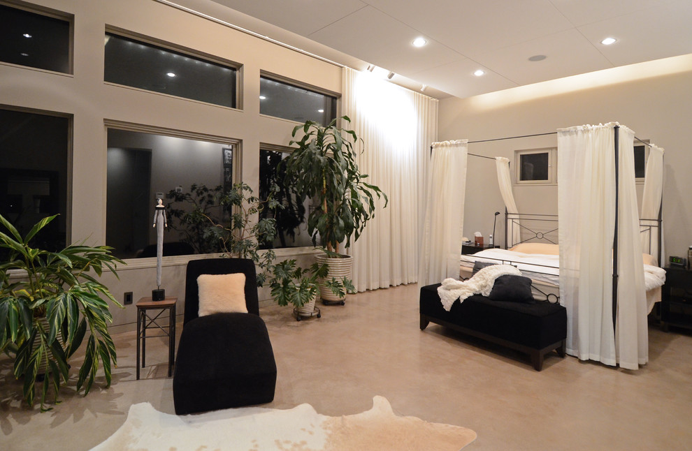 Bedroom - huge contemporary master concrete floor and beige floor bedroom idea in Baltimore with beige walls