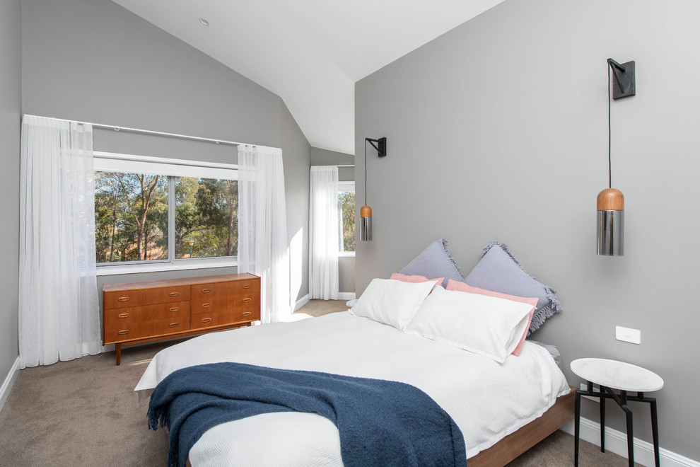 Стильный дизайн: хозяйская спальня в современном стиле с серыми стенами, ковровым покрытием и серым полом - последний тренд
