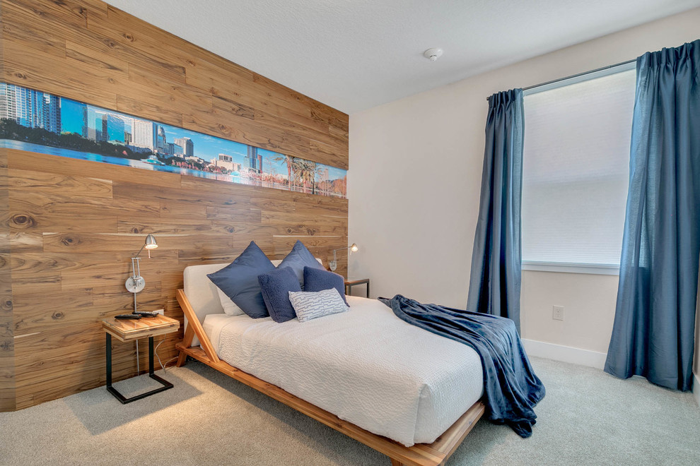 Imagen de habitación de invitados contemporánea de tamaño medio sin chimenea con paredes grises, moqueta y suelo gris