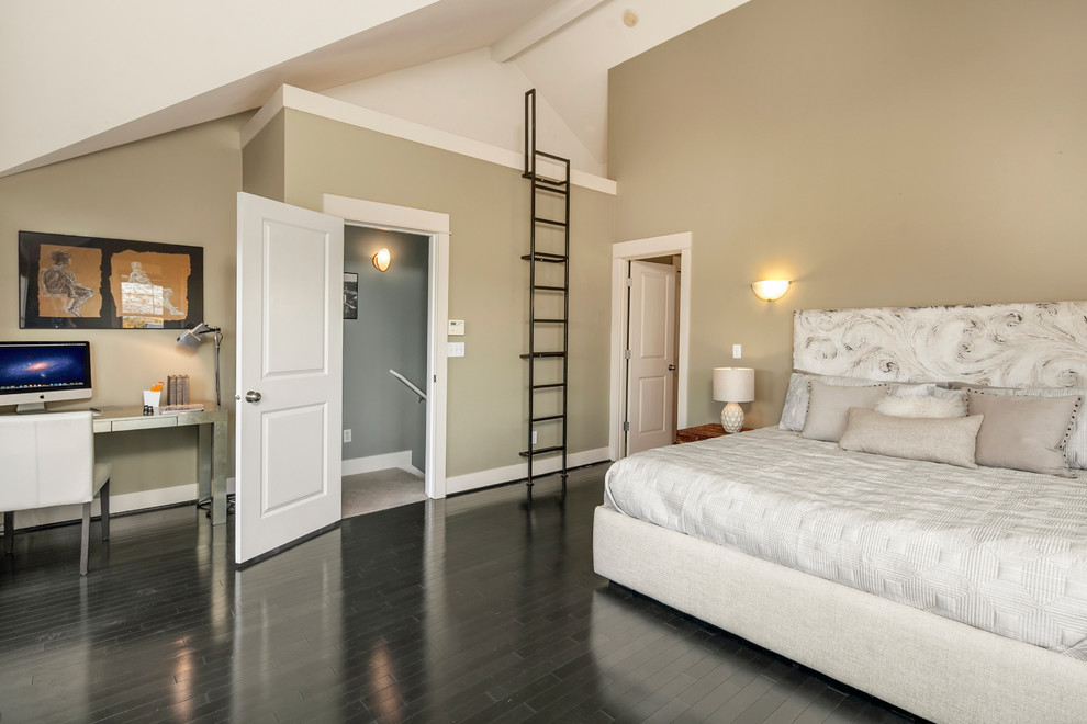 Classic bedroom in Seattle with beige walls, dark hardwood flooring and no fireplace.