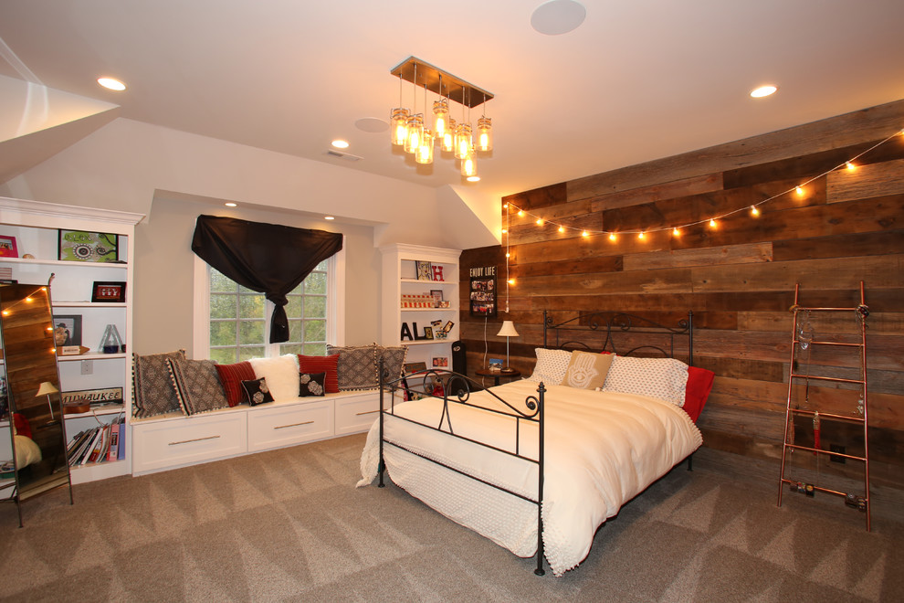 This is an example of a large rustic guest bedroom in Milwaukee with beige walls, carpet, no fireplace and beige floors.