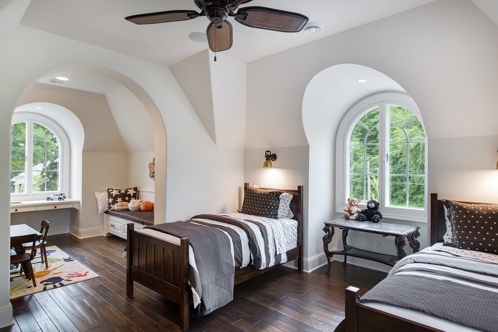 Inspiration for a timeless guest dark wood floor bedroom remodel in Minneapolis with white walls