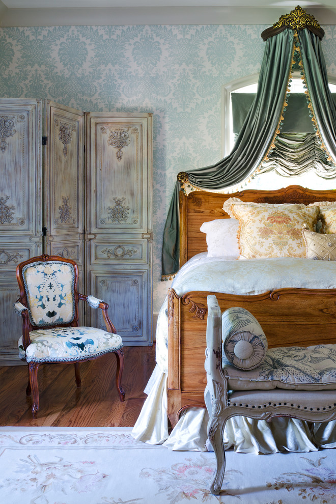 Bedroom - french country guest medium tone wood floor bedroom idea in Richmond with multicolored walls