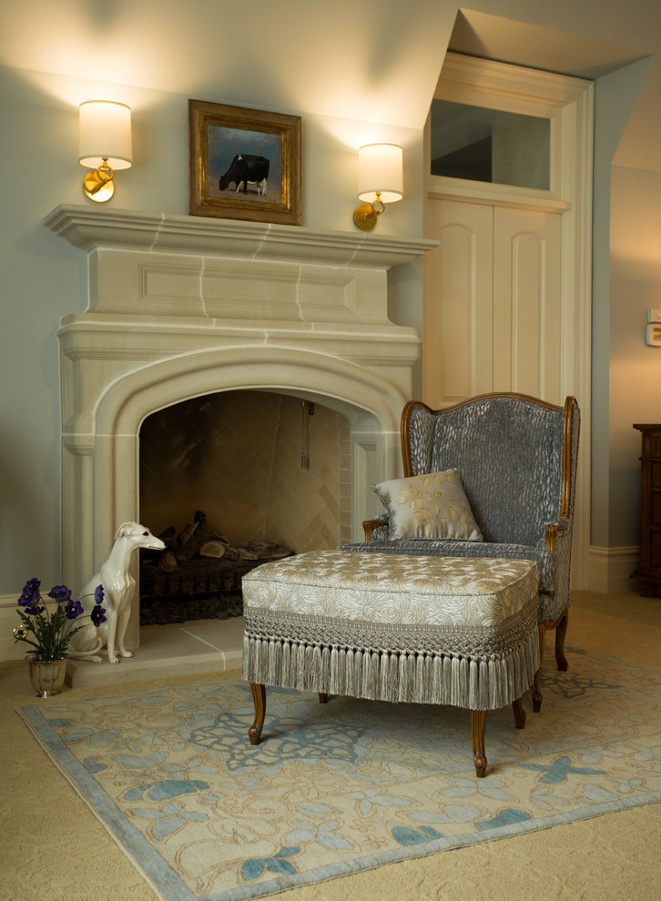 Inspiration for a large eclectic master bedroom in Milwaukee with blue walls, carpet and a standard fireplace.