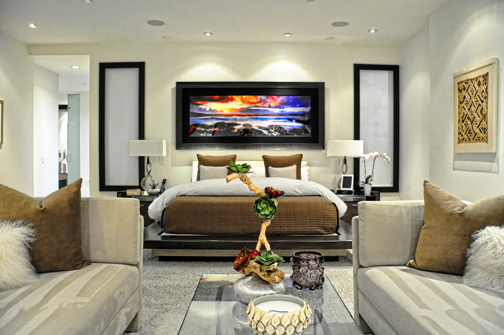Example of a large minimalist master dark wood floor bedroom design in Orange County with white walls