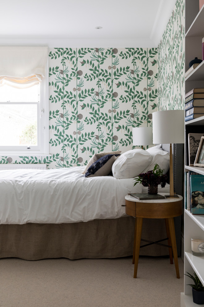 Elegant guest carpeted bedroom photo in London