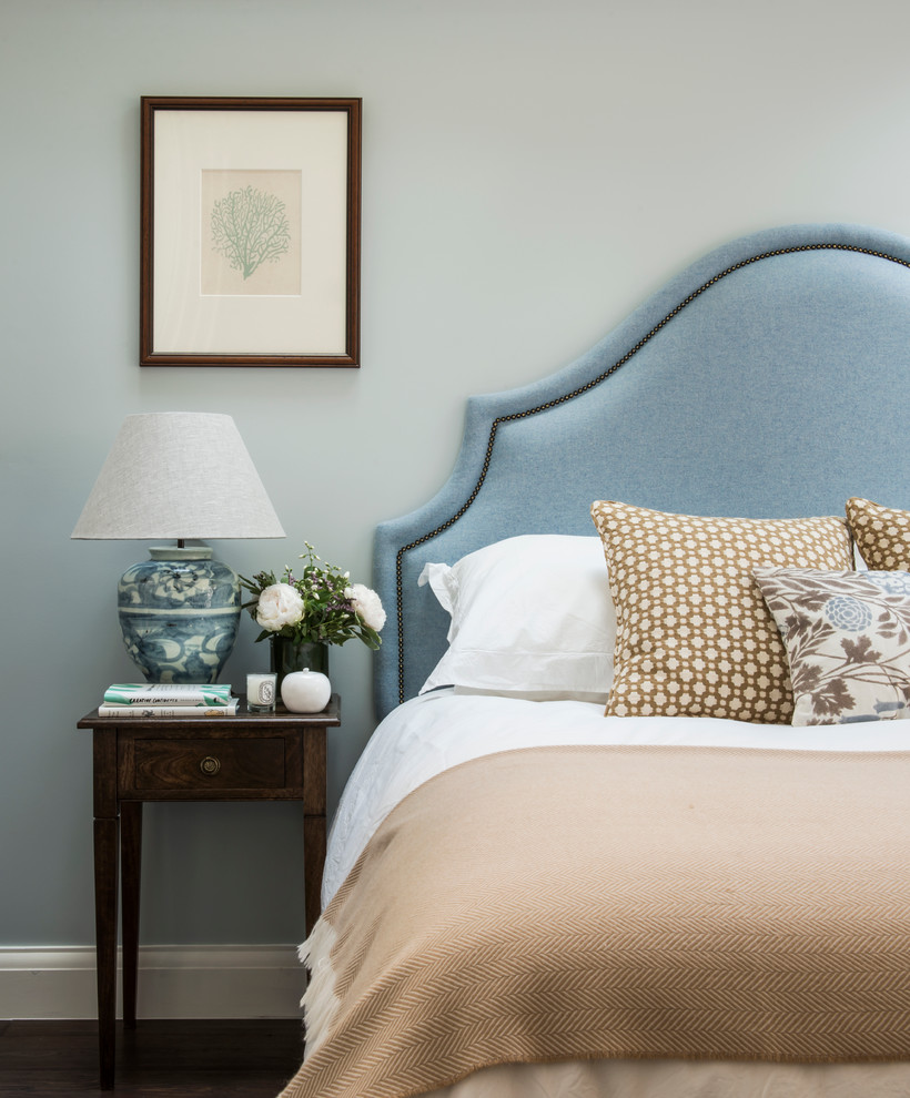 ロンドンにある中くらいなトラディショナルスタイルのおしゃれな主寝室 (青い壁、濃色無垢フローリング) のインテリア