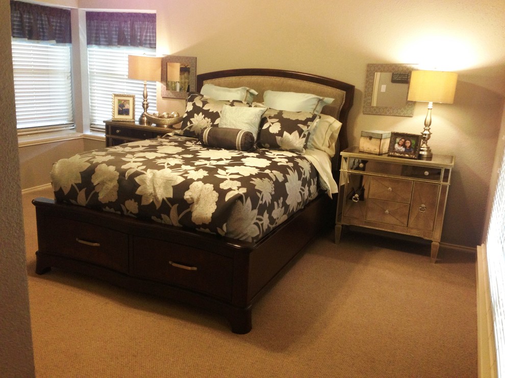 Inspiration for a medium sized traditional master bedroom in Austin with beige walls, carpet and no fireplace.