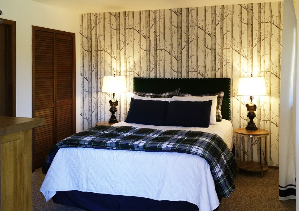 Small rustic master bedroom in Denver with white walls, carpet and no fireplace.